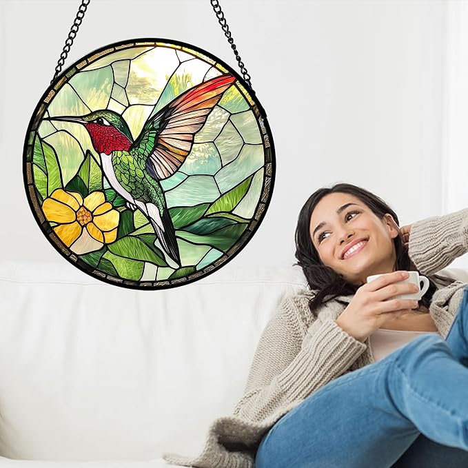 Stained Glass Window Hanging, Green Hummingbird Sun Catcher for Door Home Decor, Birds Suncatcher Christmas Mother's Day Birthday Gifts for Bird Lovers Women Men Mom and Nana 6.3 in