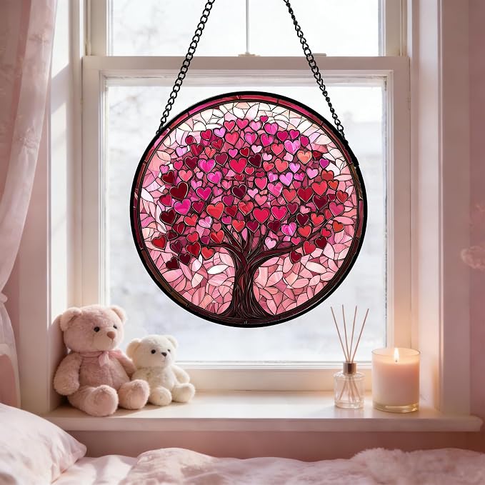 Stained Glass Window Hanging, Birthday Gifts for Women Mom Grandma Nana Wife Couple, Pink Love Tree Suncatcher for Doors Window Home Sun Catchers Gifts Decor 14.9 in