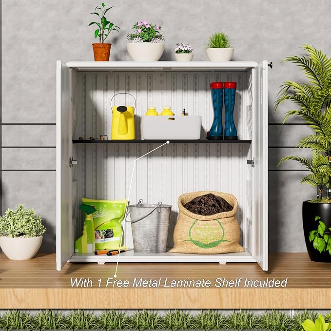 HOMSPARK Indoor/Outdoor Storage Cabinet with Doors and Shelf, 34”x15”x36” HDPE Plastic Storage Box Waterproof for Patio, Garden, Balcony, Multi-Purpose for Daily Tools, White