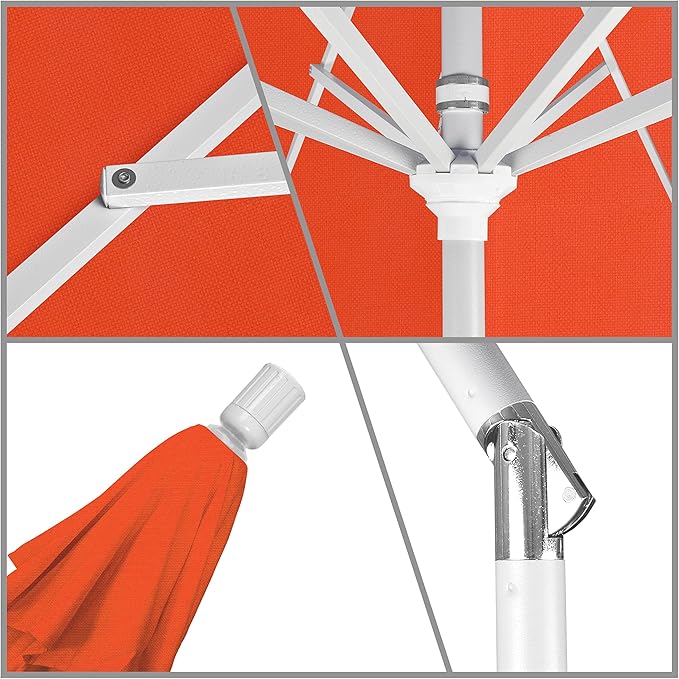 California Umbrella 9' Round Aluminum Market Umbrella, Crank Lift, Collar Tilt, White Pole, Sunset Olefin