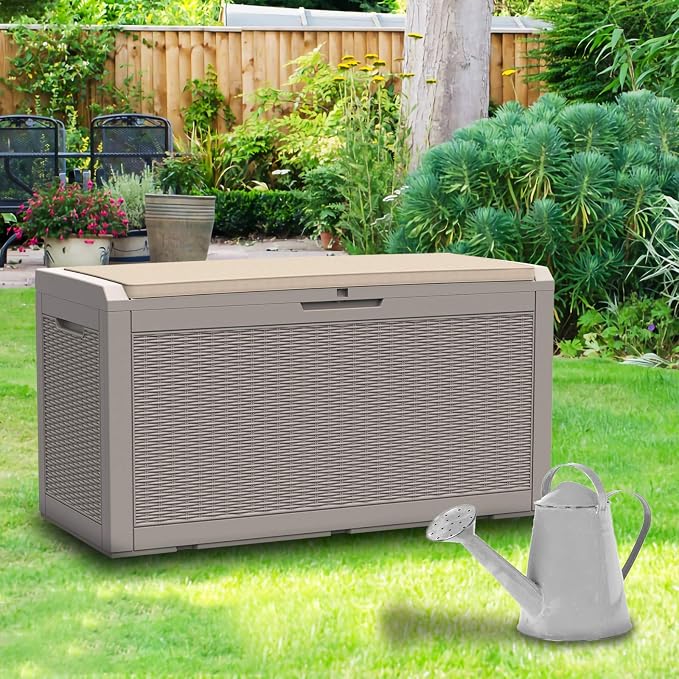 Modern-Depo 100 Gallon Deck Box Waterproof Outdoor Storage Bench | Polypropylene PP Pool Towel Storage Bin Porch Delivery Box with Seat Cushion, Gray