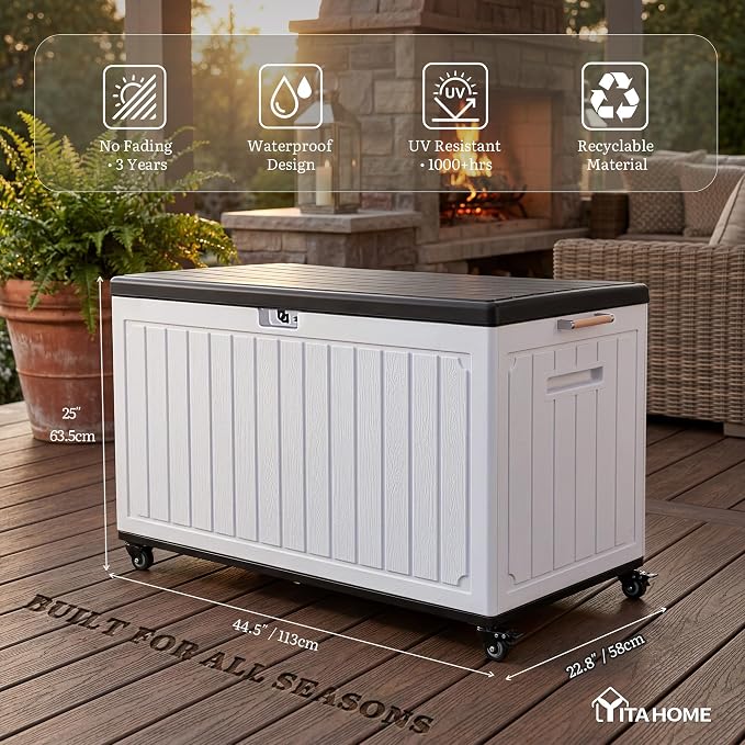 YITAHOME 90 Gallon Outdoor Storage Box with 6 Swivel Wheels & Dual Wooden Handles, Large Double-Wall Resin Deck Box, Lockable Waterproof Patio Organizer for Furniture, Cushions, White & Black