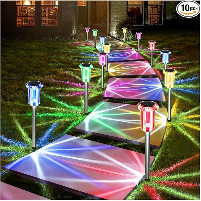 DenicMic Outdoor Solar Lights Waterproof 10 Pack Color LED Christmas Decor | Pathway Yard Garden Driveway Landscape Path Lighting - Candy Cane Style Starburst Light Pattern, Acrylic/Stainless Steel