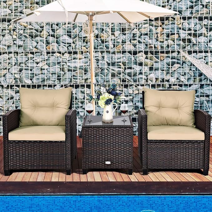 KOTEK 3 Piece Patio Furniture Set, Outdoor Conversation Set with Washable Cushions & Tempered Glass Tabletop, PE Rattan Wicker Bistro Set for Porch, Garden, Balcony (Beige)