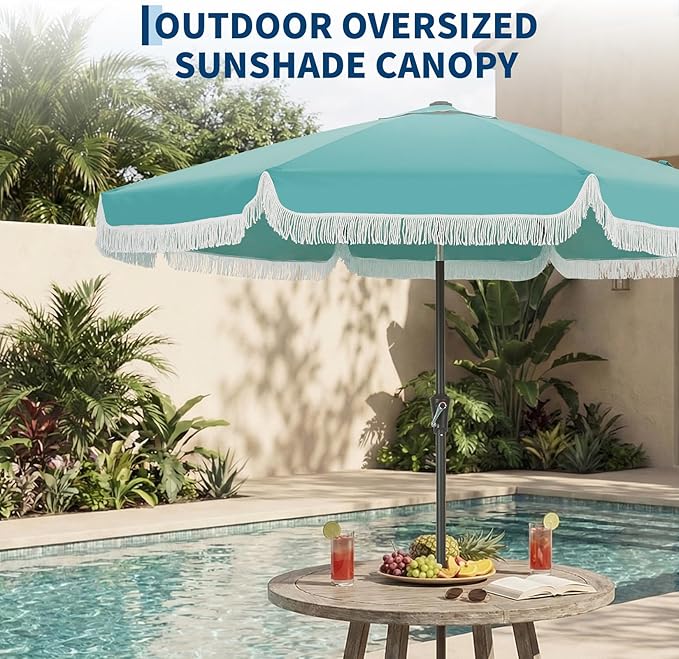 PeakPursuit 9 ft Patio Umbrella with Fringe, Tassel Outdoor Beach Umbrella for Sand with Push Button Tilt, 8 Fiberglass Ribs, UV 50+ Sun Protection for Garden, Pool, Backyard, Deck