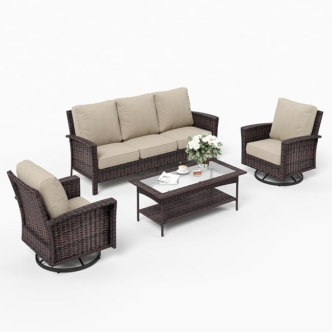 SUNSHINE VALLEY 4 Pieces Patio Furniture Set with Swivel Chairs, High Back Wicker Rattan Sofa with Extra Thick Cushion and Coffee Table, Outdoor Conversation Set for Garden Backyard Deck,Beige