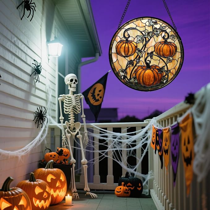 DASTOLL Stained Glass Window Hanging - Halloween Decoration Orange Pumpkin Vine Leaves Suncatcher for Door Garden Spooky Sun Catchers Gothic Decor Horror Gifts for Women Men Friend Boy Girl 11.8 in