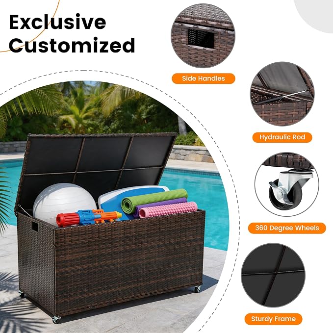 Outdoor 170 Gallon Water-Resistant Wicker Storage Box with Wheels, PE Rattan Deck Box with Waterproof Liner for Outside, Patio Storage Container with Hinged Lid, Horizontal Bin, Brown
