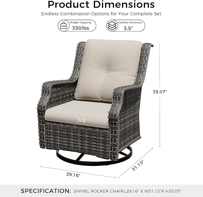 Swivel Patio Chairs Set of 2, Wicker Patio Furniture with Thick Cushions, Curved Armrest, Deep Seating, Rattan Outdoor Chairs for Porch, Deck, Balcony