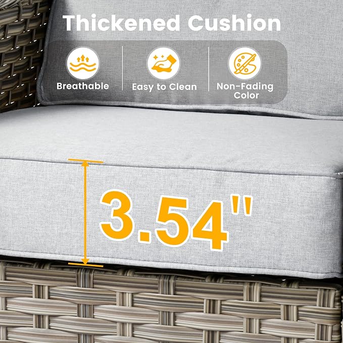 11 Pieces Patio Sectional Furniture Set, Outdoor Wicker Sectional Couch with Firepit Swivel Rocker Chairs Solar Lights Table, Modern Conversation Set for Porch Balcony Backyard, Gray