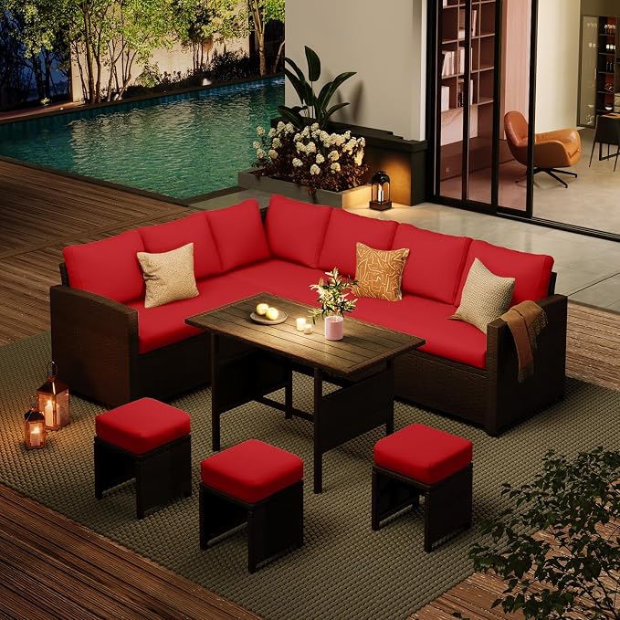 AECOJOY Outdoor Patio Furniture Set, 7 Pieces Clearance Sectional Rattan Dining Table&Chairs, All Weather Wicker Conversation Sofa Couch with Ottoman, Red Cushions&Brown Rattan