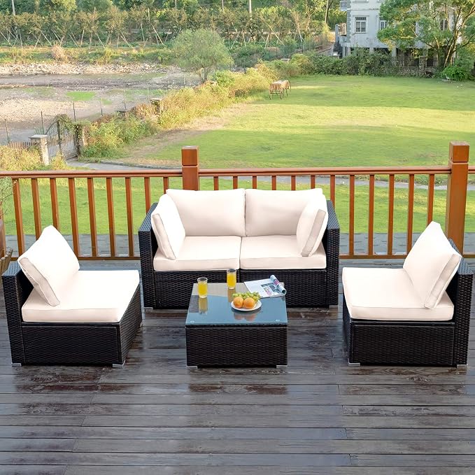 Tangkula 5 Pieces Patio Furniture Set, All Weather Wicker L-Shaped Corner Sofa Set w/Soft Cushions, Outdoor Sectional Conversation Couch Set w/Glass Table for Backyard Garden Poolside (White)