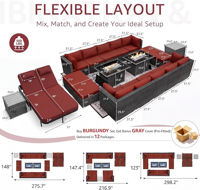NICESOUL 20 Piece Outdoor Patio Furniture Set with Fire Pit and Chaise Lounge, 500 lbs High Weight Capacity Outdoor Sectional with Fire Pit, 16-Seat Deep Seating Sectional, Charcoal/Burgundy