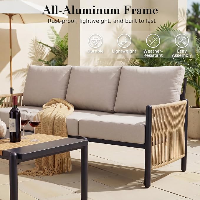 Aluminum Patio Furniture Set, 5 Seats Outdoor Patio Furniture with Coffee Table, Outdoor Wicker Conversation Sets with Cushion for Backyard, Balcony,Porch,Light Grey