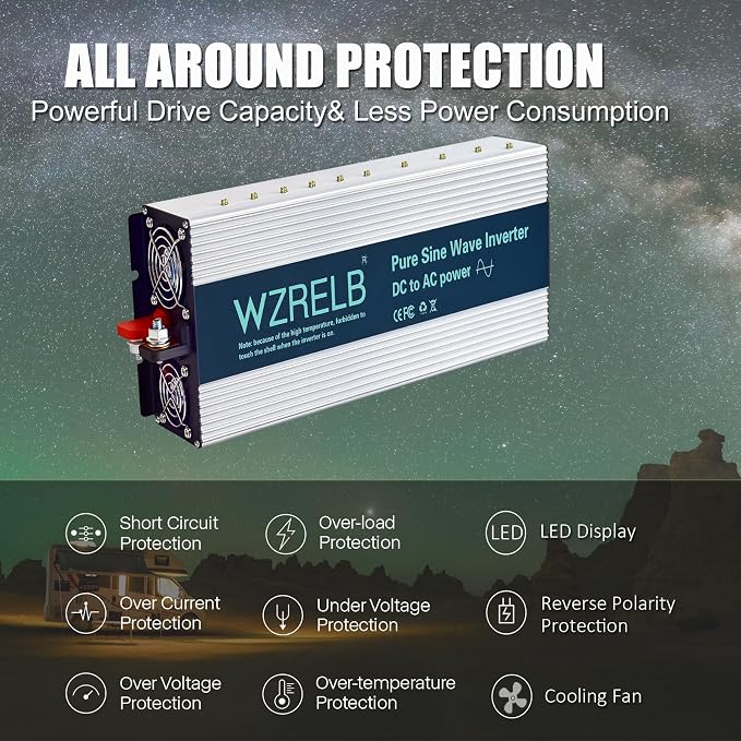 WZRELB 3000W Pure Sine Wave Inverter 24V DC to 110V 120V AC with LED Display,Remote Controller,Off-Grid Power Converter 6000W Surge with Dual AC Outlets, Hardwire Terminal for Home, RV, Truck, Camping