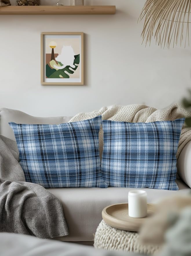 Waterproof Outdoor Pillow Set of 2 Blue Checked Plaid Decorative Throw Pillows Cover & Insert 16x16 Inch Pillowcase Stripes Woven Grid Square Pillows for Couch Sofa Bed Patio Furniture Indoor Outdoor