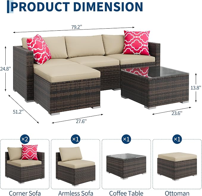 5-Piece Outdoor Sectional Sofa Set, All-Weather PE Rattan Patio Furniture with Ottoman & Tempered Glass Table, Convertible Garden Couch for Backyard, Porch, Poolside (Brown/Khaki)