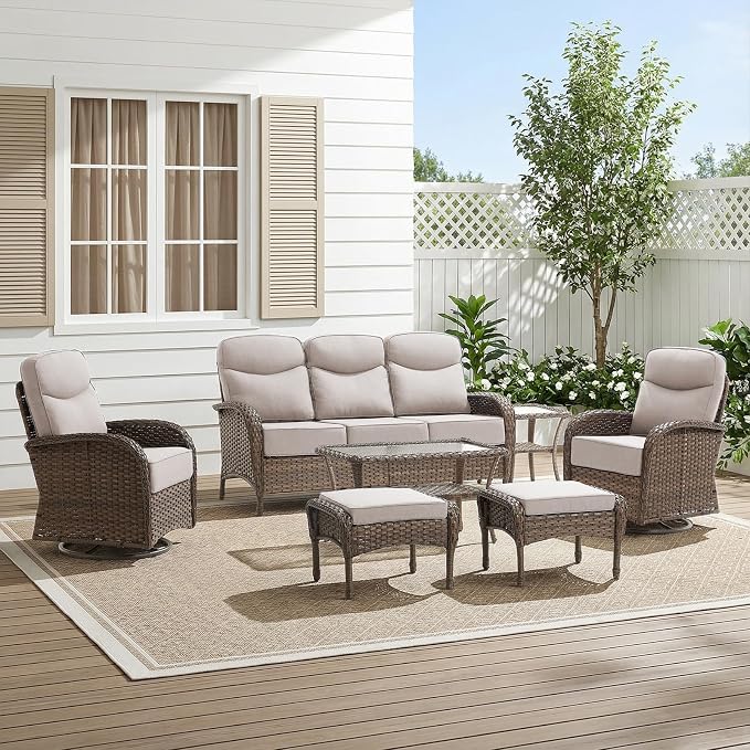 HUMMUH 7-Piece Patio Furniture Set with 6" Thick Cushion High Back Outdoor Swivel Rocker Chairs with 3-Seater Sofa,Coffee Table & Ottomans,Wicker Outdoor Conversation Set for Deck, Porch,Poolside