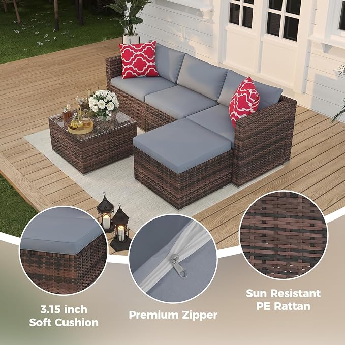 5-Piece Outdoor PE Wicker Patio Furniture Set, Water-Resistant Sectional Sofa With Plush Cushions, Tempered Glass Coffee Table & Ottoman, All-Weather Garden Conversation Set for Porch, Backyard, Grey