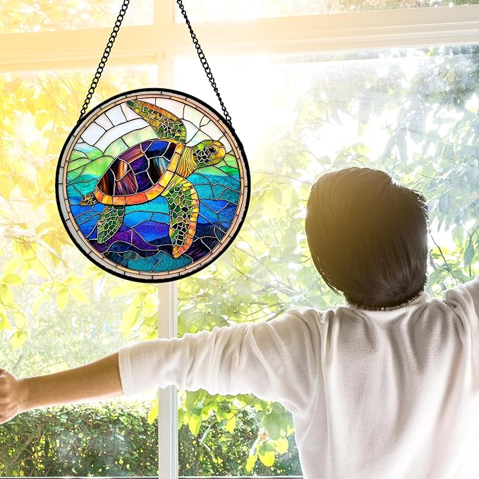 DASTOLL Stained Glass Window Hanging, Colored Turtle Ocean Suncatcher Diamond Glass Panel Hangings Marine Life Sun Catchers Decor for Birthday for Women, Men, Wife, Aunt, Mom 7.8 in