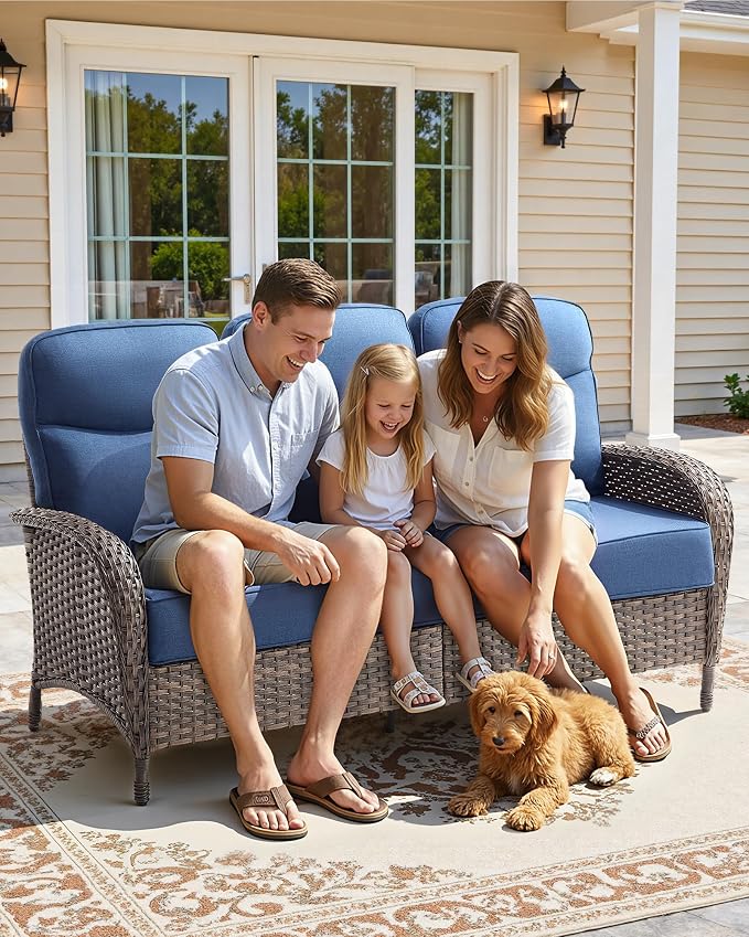 8-Piece Luxury Patio Furniture Set with 42.5" Fire Pit Table, Outdoor Wicker Sofa Couch & Swivel Rocker Chairs with 6-inch Thick Cushion, Conversation Set for Poolside, Deck & Yard - Blue