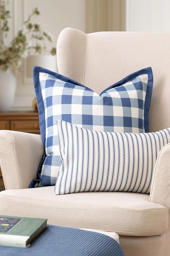 California Casual Coastal Indoor Outdoor Throw Pillow Cover, 22"x22" Water Repellent for Patio, Backyard, Couch, Poolside, Azure Blue Print Gingham