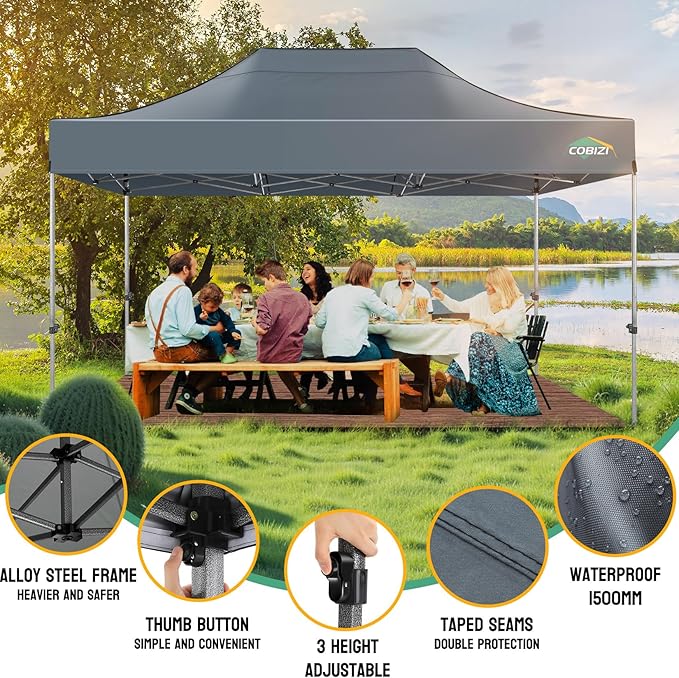 COBIZI 10x15 Pop up Canopy Tent Heavy Duty, Easy Set-up Commercial Outdoor Party Tent, 100% Waterproof Wedding Tents Gazebo, 3 Height Adjustable with Handbag, Gray