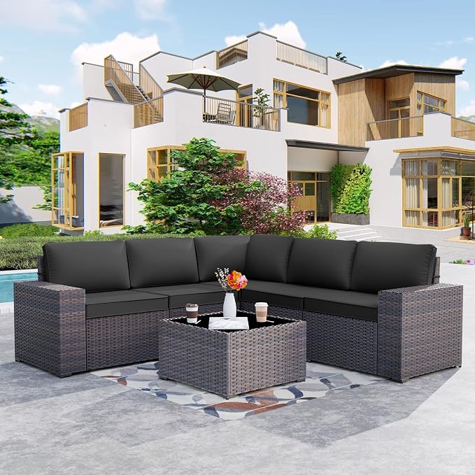 Kurapika 6 Pieces Patio Furniture Set, Rattan Wicker Outdoor Conversation Sets w/4 Inch Cushion and Glass Coffee Table(Black)