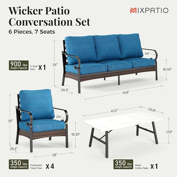 MIXPATIO Patio Furniture Set with Coffee Table, Outdoor Conversation Set with 4 x Fixed Chairs, 1 x 3-Seat Sofa for Lawn Garden Backyard, Pacific Blue