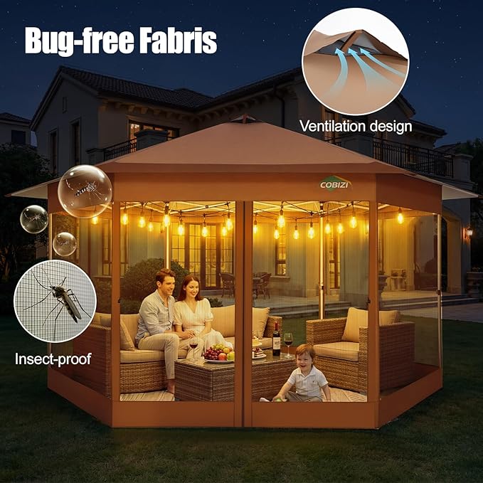COBIZI 16x16 Pop Up Gazebo Tent with Mosquito Netting, Gazebos on Clearance, Hexagonal Outdoor Canopy Shelter, Patented Center Lock 6-Sided Portable Gazebos, Pop Up Canopy Tent for Backyard, Brown