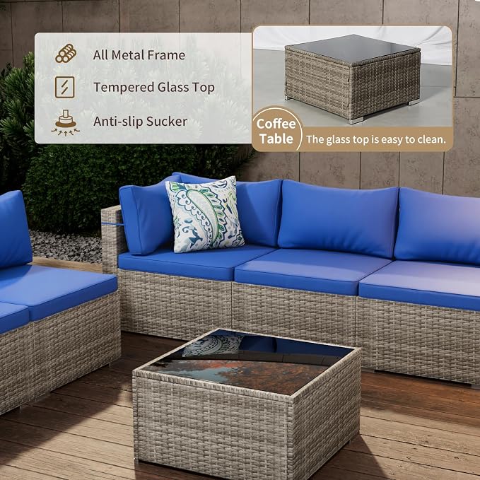 Tradare 7 Piece Patio Furniture Set, Outdoor Wicker Patio Sofa Set, PE Rattan Sectional Couch with Glass Table and Blue Cushions, All-Weather 7 Piece Outdoor Patio Furniture Sets, Grey