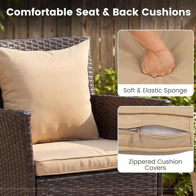 DORTALA Wicker Patio Furniture Set 3 Piece, Small Outdoor Table & Chairs with Tempered Glass Tabletop, Cushions, Rattan Conversation Bistro Set for Balcony, Porch, Backyard, Deck, Mix Brown+Beige