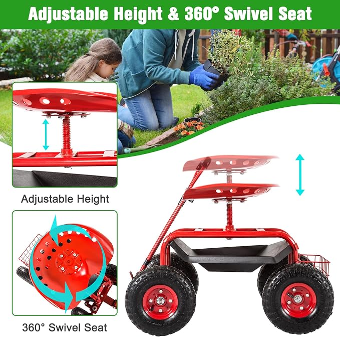 kinbor Rolling Garden Scooter Garden Cart with Tray, 360 Swivel Seat, Red