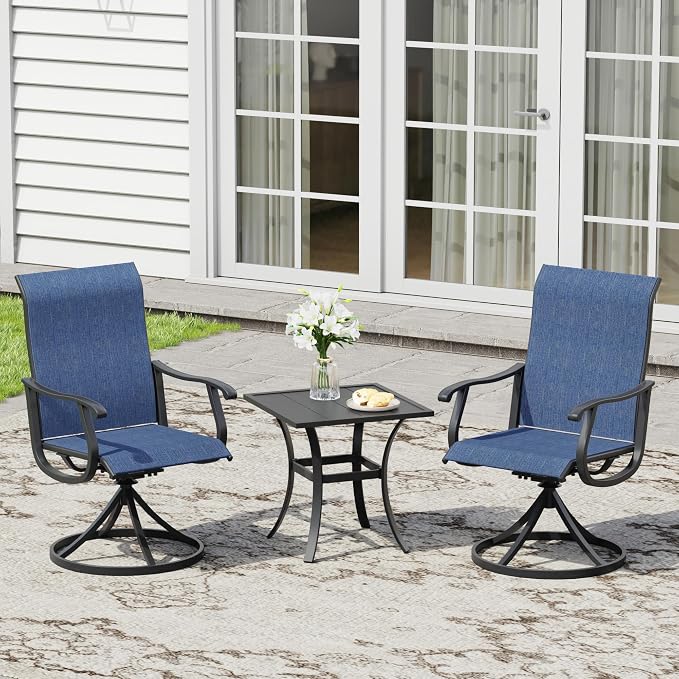 3 Pieces Small Patio Dining Set, 2 Textilene Swivel Chairs and Small Square Outdoor Table, Outdoor Furniture Set for Porch, Lawn, Garden, Black/Blue