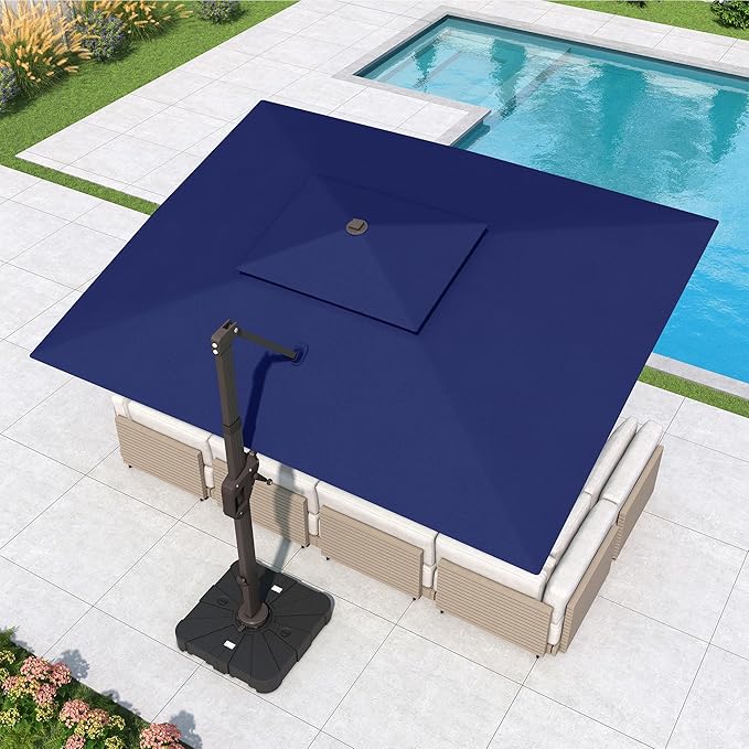 10x13 FT Cantilever Patio Umbrella with Base and Led Lights Double Top Outdoor Rectangular Large Heavy Duty Aluminum Offset Umbrellas with 7 Level Tilt 360-degree Rotation for Pool Garden Deck, Navy