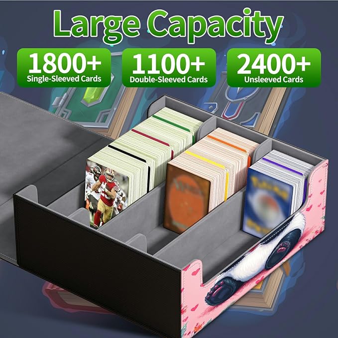 Large Card Deck Box for MTG, Fits 1200+ Sleeved Cards, PU Leather Storage Case with Strong Magnetic Closure, Multiple Colors Available for TCG CCG Baseball Card Collections, Pink Panda