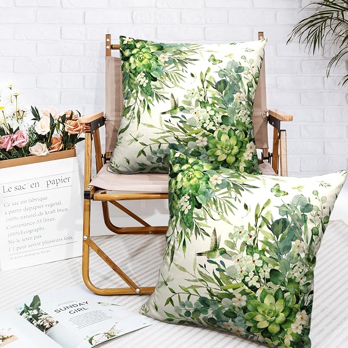 Eucalyptus Leaves Pillow Covers Watercolor Greenery Throw Pillow Covers 18x18 Set of 2 Spring Sage Green Leaf Floral Pillow Cases Green Succulent Cushion Cases for Home Sofa