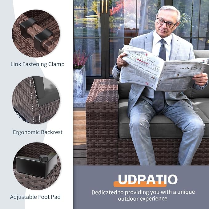 UDPATIO Furniture Set with Fire Pit Table, 8 Inch Wide Armrest 7 Piece Sectional Sofas, All-Weather Wicker Conversation for Garden, Backyard, Grey