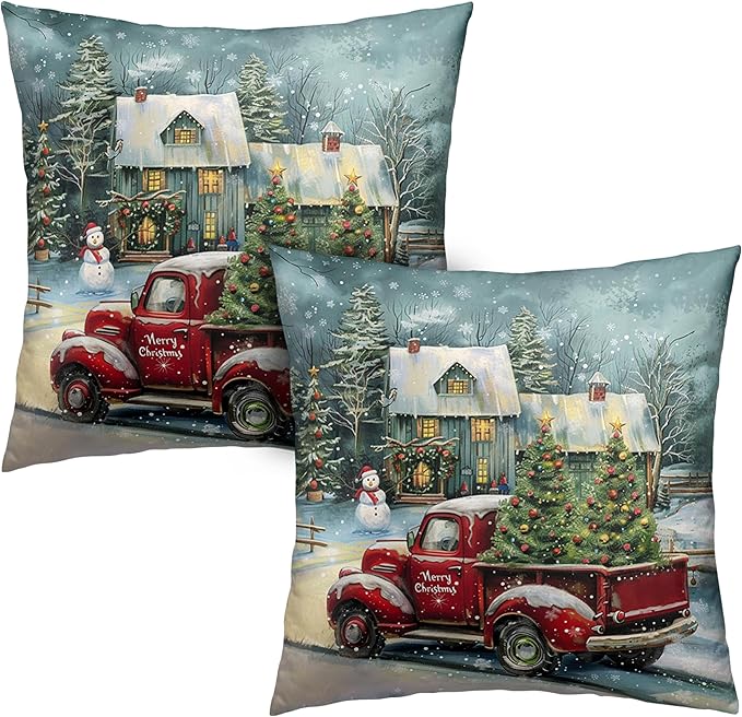 Red Truck Christmas Pillow Covers 18x18 Set of 2 Merry Christmas Pillow Case Xmas Tree Cabin Snowman Cushion Case for Winter Holiday Decorations Couch Bedroom