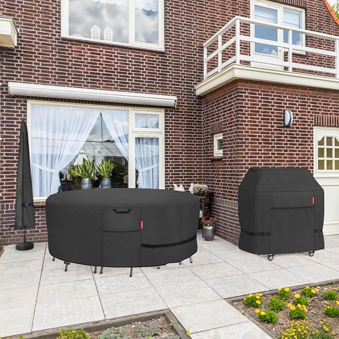 Porch Shield Round Patio Furniture Cover - Waterproof 600D Heavy Duty Outdoor Table and Chairs Cover 108 inch, Black