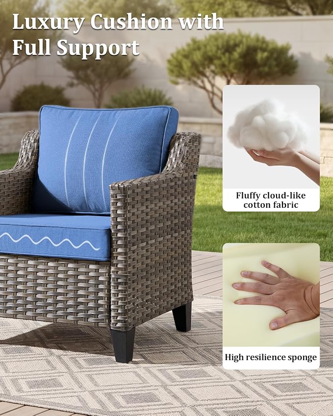 Outdoor Furniture Set of 3, Patio Chairs with Luxury 4" Cushion, Wicker Swivel Rocker Patio Chairs, and Side Table, High Back&Deep Seat for Garden Deck Porch Balcony Backyard - Blue