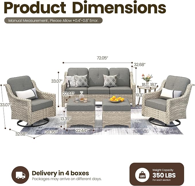 6 Piece Patio Furniture Set with Swivel Rocker Chairs, Outdoor Wicker High Back Sofa Glider Chair Ottoman with Cushion, All Weather Conversation Sets for Backyard Poolside Deck Dark Gray