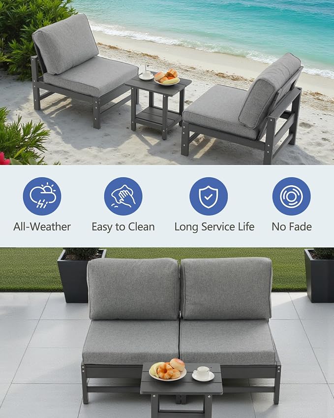 HDPE Outdoor Patio Chair Set with Cushions, 3-Piece Armless Chair Conversation Set with 2 Weatherproof Armless Chairs and Side Table, All-Weather Waterproof Outdoor Seating for Porch, Balcony & Garden