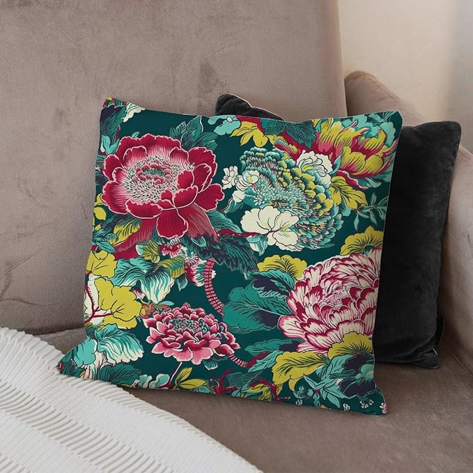 Chinoiserie Red Peony Floral Pillowcase Green and Pink Throw Pillow Cover Farmhouse Farmhouse Decor Pillow for Couch Tent Park 18x18 in
