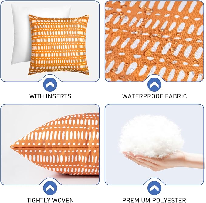 Pack of 2 Outdoor Pillows, 18x18 Outdoor Throw Pillows Waterproof | Decorative Patio Pillows, Outdoor Square Pillows, Fluffy and Supportive, Couch and Garden Use, Pebble Orange