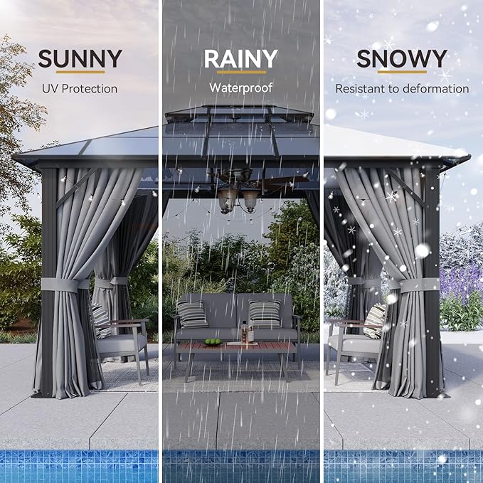 Aoxun 10'x12' Hardtop Gazebo, Outdoor Metal Gazebo with Double Polycarbonate Roof Canopy, Permanent Pavilion with Netting and Curtains for Lawn, Garden, Patio (Gray)