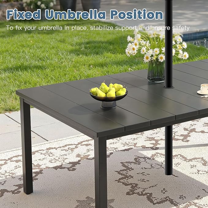 DIFY 7 Pieces Outdoor Dining Set, Metal Patio Table and Chairs Set for 6 with Umbrella Hole, 63" Black Rectangle Table and Blue Textilene Swivel Patio Chairs for Garden, Backyard, Poolside