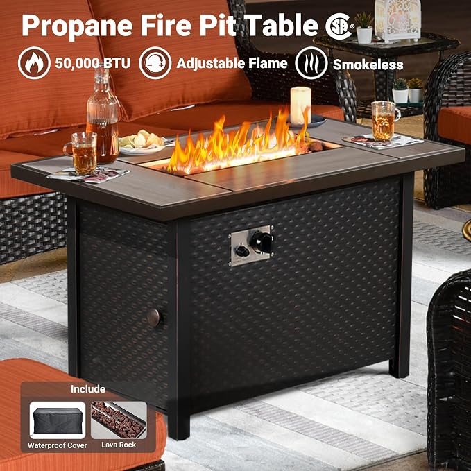 ovios 6-Pieces Patio Furniture Set with 42" Fire Pit Table, Outdoor Wicker Sofa Couch Ottomans Comfy Cushions, High Back Modern Conversation Set, Brown Rattan, Orange Red