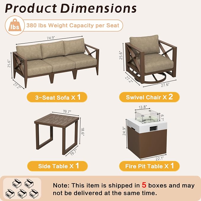 7-Piece Aluminum Patio Furniture Set with Fire Pit Table, Swivel Rocking Chairs & Oversized Sofa, All-Weather Outdoor Conversation Set for Backyard, Deck, Balcony – Brown