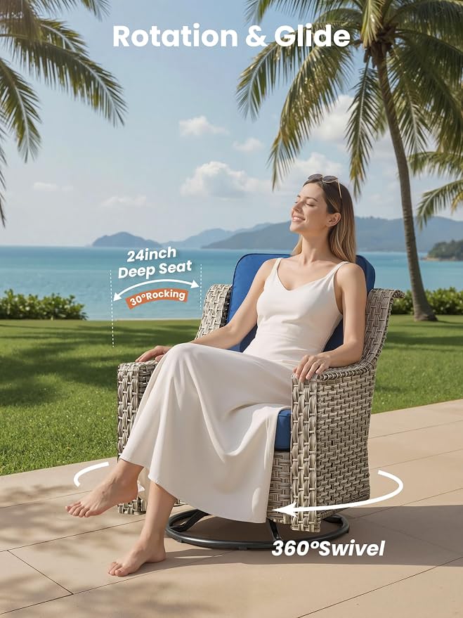 ovios 5 Piece Outdoor Patio Furniture with 3 Seat Sofa,Rattan Wicker Coversation Set with Swivel Rocking Chair,Balcony Sofa Set with Shiny Table for Outside Porch Backyard Pool, Navy Blue